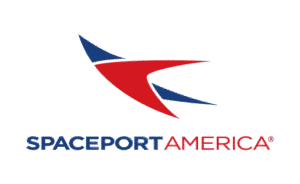 Spaceport America logo with stylized rocket ship in red and blue and says Spaceport America