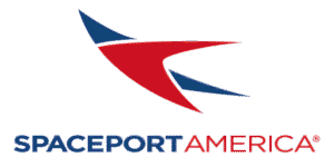 Spaceport America logo with stylized rocket ship in red and blue and says Spaceport America