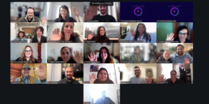 21 boxes showing the cohort's faces, including JEDI Office Manager, during the first virtual meeting